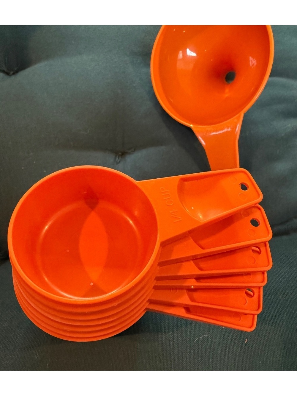 Vintage Tupperware Orange Measuring Cups and Funnel Set